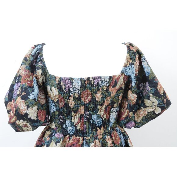 BOHME LaRuth Floral Brocade Short Puff Sleeves Pockets Smocked Mini Dress Size L - Picture 11 of 16